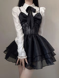 Lace Kawaii Lolita Mini Dress Set Punk Harajuku Aesthetic Black Goth Kpop Korean Dress