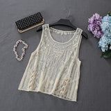 Women Waistcoat Bright Silk 3D Beaded Vest Sequined Lace Sleeveless Shirts Slim Tank O-neck Gauze Tops Camisas Mujer