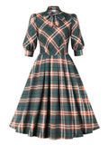 Bow Tie Neck Lantern Sleeve 50s Robes Women Plaid Vintage Rockabilly Swing Midi Dresses