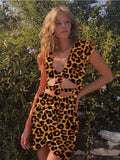 New Summer Sexy Stomach Leakage Fold Strap Ruffled Ladies Leopard-print Hollow Skirt Dress