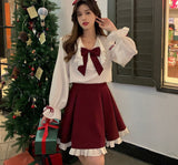 Winter Christmas Lolita Patchwork Sweet Party Mini Korean Bow Kawaii Dress