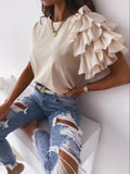 New Spring and Summer Simple Ruffled Short-sleeved All-match Round Neck T-shirt