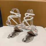 Silver Pearl Ankle Strap High Heels Sandals Women Summer Sexy Pointed Toe Clear PVC Sandals Woman Fashion Rhinestone Party Shoes