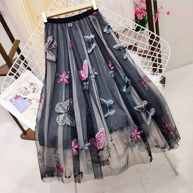 Spring Women Embroidered Butterfly A-Line Sweet Mesh Elastic High Waist Vintage Skirts