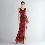 New Women V-neck Sleeveless Formal Evening Gown Sexy High Slit Sequins Long Party Dress