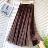 New Women Velvet Patchwork A-Line Tutu Sweet Solid Mesh Elastic High Waist Elegant Pleated Skirt