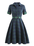 Blue and Green Plaid Vintage Women Button Up Shirt Dress Spring Cotton Elegant Ladies Midi Swing Dresses with Belt