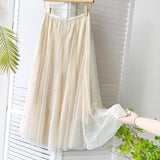 Women Lace Bead Pleated Sweet A-Line Elastic High Waist Skirts Streetwear
