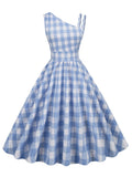 Blue and White Plaid High Waist Slim Pleated Midi Elegant Party Women Summer Vintage Dress