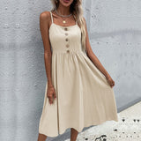 Vintage Solid Boho Bohemian Beach Sundress Button Sexy Sleeveless Strap Maxi Dress