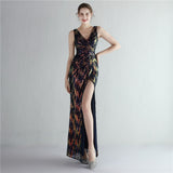 New Women V-neck Sleeveless Formal Evening Gown Sexy High Slit Sequins Long Party Dress