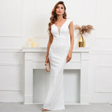 Sexy V Neck Backless White Sequin Evening Dress New Women Beading Party Maxi Long Prom Dress