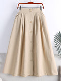 Spring Summer Front Buttons Big Swing A Line Side Pockets Elastic High Waist Casual Midi Skirt