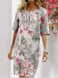 New Summer Flower Print Split V-neck Half Sleeve Retro Dress Casual Skirt