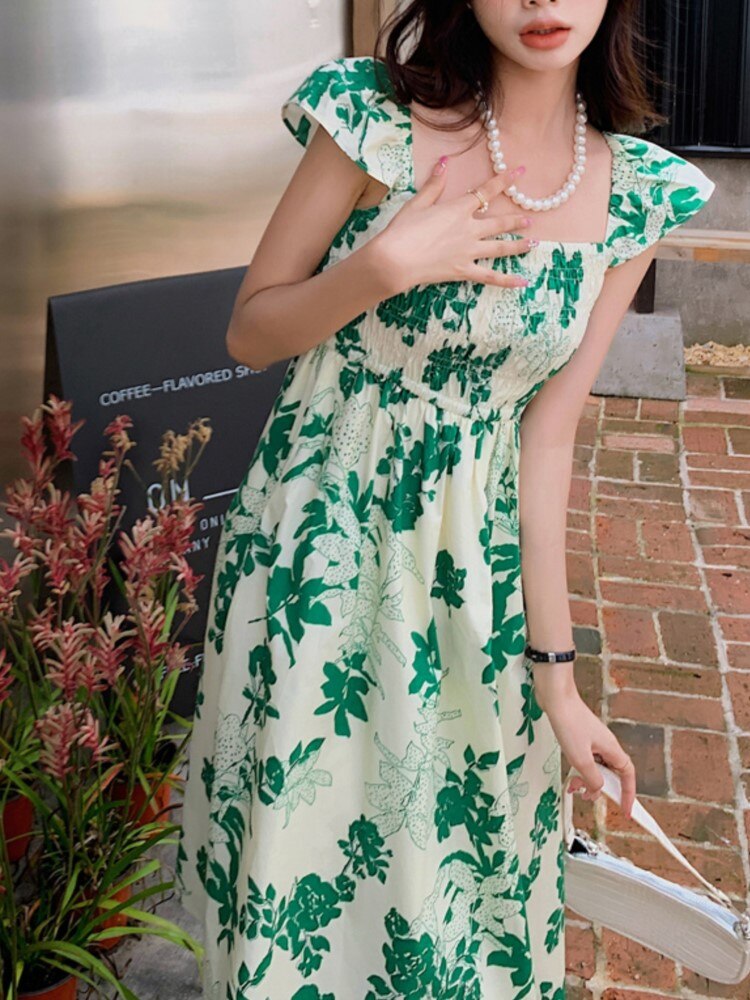 Summer New Floral Print Midi Dress Elegant Sleeveless A-Line Party Vestdios