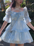 Summer Blue Sexy Fairy Elegant Sweet Party Mini Casual Designer Bow Chic Chiffon Lolita Dress
