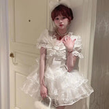 Lolita White Goth Aesthetic Puff Sleeve High Waist Vintage Bandage Lace Trim Party Gothic Summer Dress