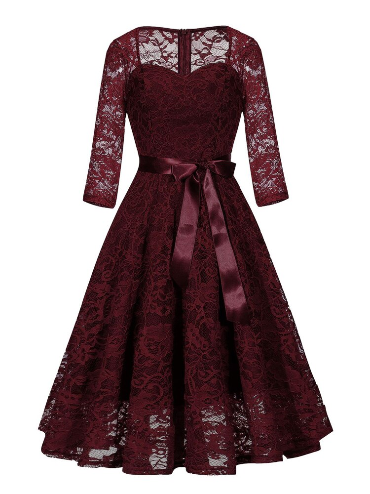Sweetheart Neck Elegant Lace Long Swing Women 3/4 Length Sleeve Belted Spring Autumn Vintage Midi Dresses