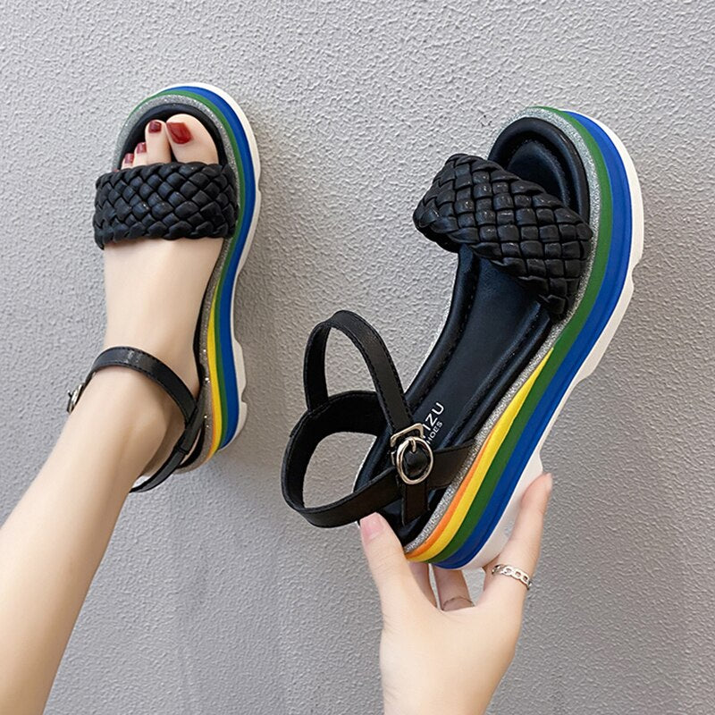 Colorful Thick Bottom Platform Sandals Women Summer Open Toe Beach Shoes Weave Chunky Sandalias Mujer