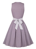 Sweetheart Neck Buttons Vintage Polka Dot Summer Belted Pleated Women Pocket Side Party Elegant Dress in Purple