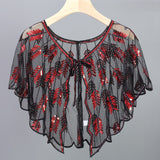 Retro 1920s Beaded Sequin Shawl Vintage Flapper Evening Cape Sheer Mesh Embroidery Leaf Women Bolero Party Accessories