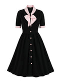 Vintage Bow Neck 50s Robes High Waist Pleated Swing Summer Women Elegant Party Wear Ladies Dresses