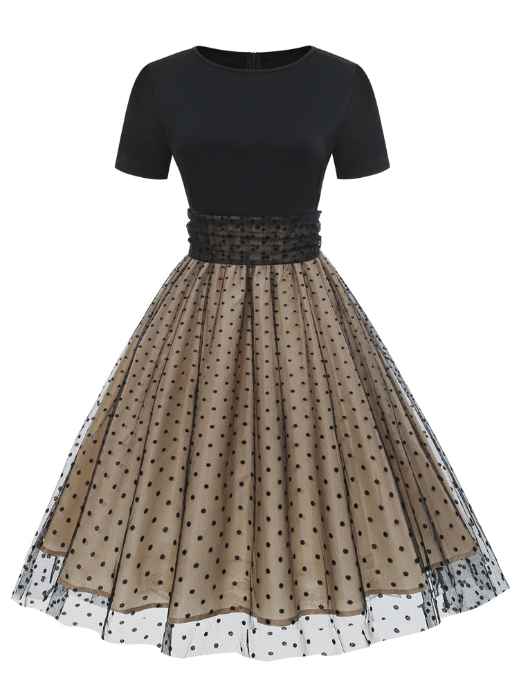 Round Neck Ruched High Waist Vintage Dot Mesh Overlay Pleated Short Sleeve Evening Elegant Party Midi Dresses