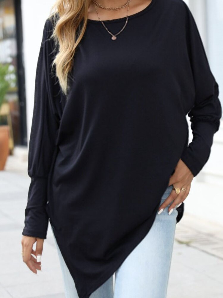 Long Sleeve Irregular T-Shirt Casual Loose Solid Color Round Neck Top Woman Tshirts