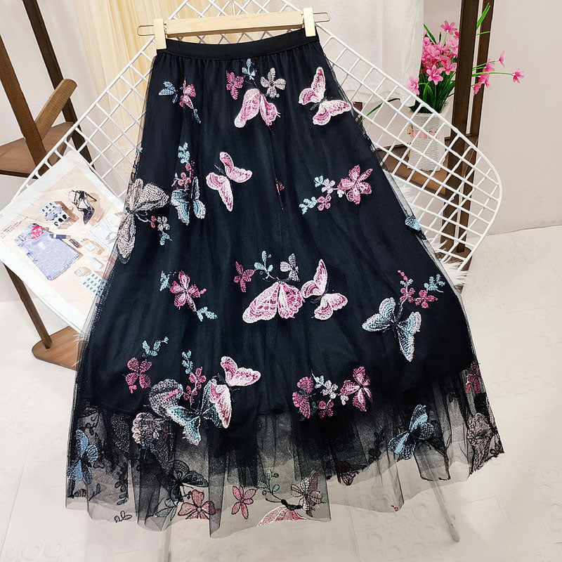 Spring Women Embroidered Butterfly A-Line Sweet Mesh Elastic High Waist Vintage Skirts