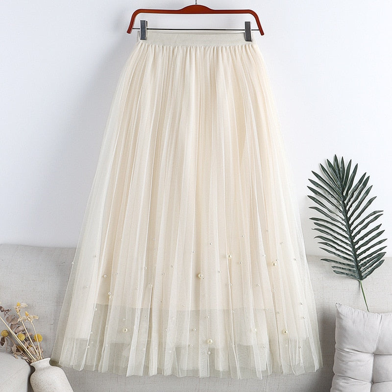 Women Mesh Bead Pleated Sweet A-Line Elastic High Waist A-Line Skirts Streetwear