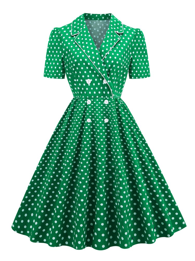 Notched Collar Double-Breasted Green Polka Dot Vintage Long Robe Women Short Sleeve Elegant Cotton Dress