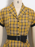 Yellow Plaid Rockabilly 50s Vintage A-Line Dresses Summer Women Turn Down Collar Belted Cotton Retro Dress