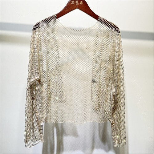 Bright Diamond Crystal Mesh Shirt Top Bright Bling Temperament Ladies Light Luxury Full Suspender Skirt Overcoat