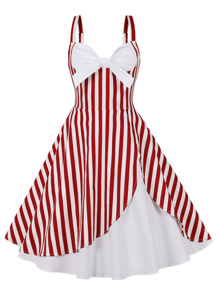 1950s Pinup Vintage Style Plaid High Waist Women Bow V-Neck Cotton A Line Retro Party Dress