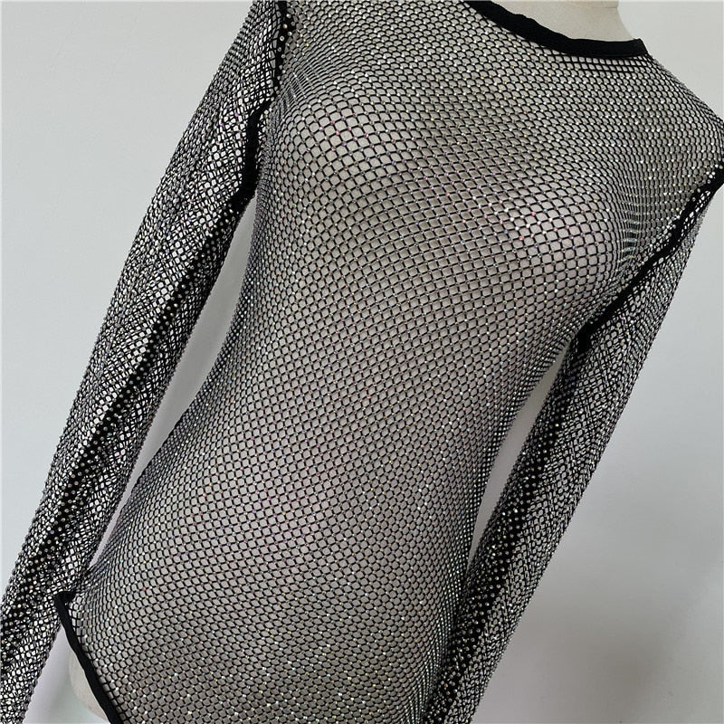 Long Sleeve Mesh Inlaid Color Crystal Tight Beach Swimming Pool Sexy Lady New Perspective Glitter Rhinestone Women Swimsuit