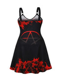 5XL 6XL 7XL 8XL Skull in Fire Print Halloween Costumes for Women Red and Black Sexy V-Neck Evening Party Midi Dresses