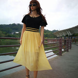 New Women Office Casual High Waist Ruffle Round Neck Pleated Short Sleeved Dress