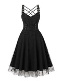 Criss Cross Eyelet Detail Halloween Cosplay Evening Party Dresses for Women High Waist Vintage Mesh Overlay Corset Dress