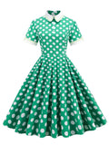 Peter Pan Collar Vintage Yellow Elegant Polka Dot Summer Dresses for Women Short Sleeve Pockets A-Line Midi Dress