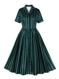 Black Green Striped Women Vintage Retro Dress Notched Collar Single Breasted Pleated Formal Elegant Party Dresses