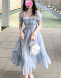 Summer Blue Elegant Fairy Bow Bandage Party Midi Casual Korean Lace Chic Lolita Dress
