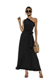 Women Sexy Slanted Shoulder Solid Color Ruffled High Waist Bandage A Line Party Dress