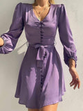Celebrities Senior Collar Waist Women Solid Color Thin Temperament Commuter Bubble Sleeve Dress