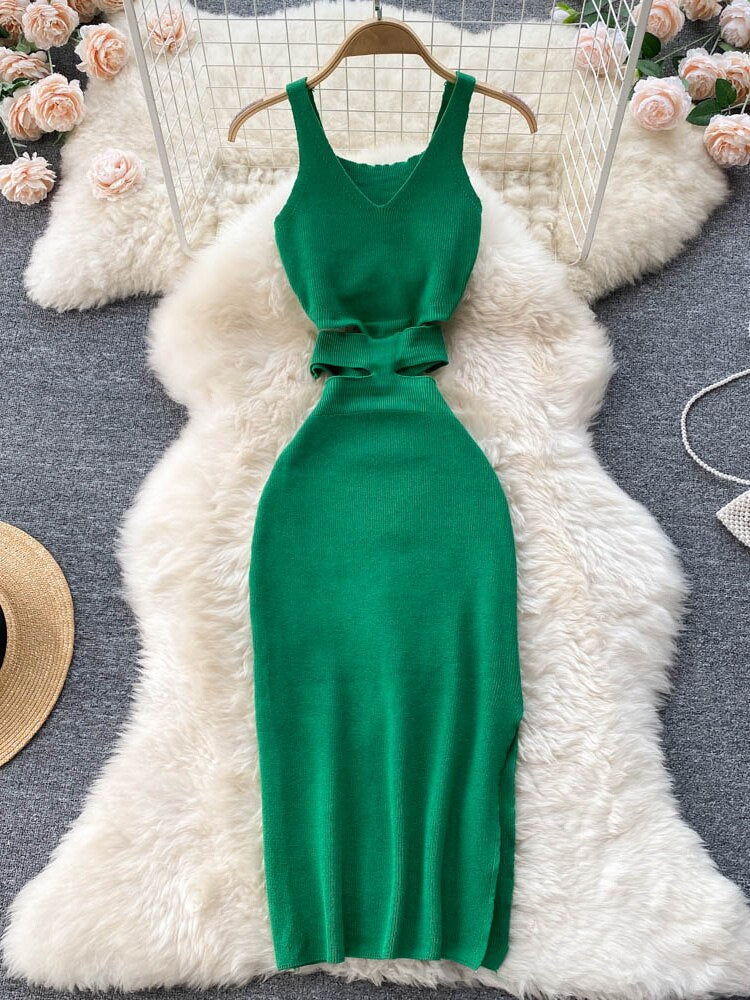 Party Waist Cut Out Side Slit Sexy Midi Dress V Neck Sleeveless Knitted Bodycon Dress