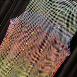 Bright Diamond Rainbow Vest Hollow Color Rhinestones See-through Mesh Shirt Women Neon Y2K Tank  Top