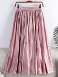 Fashion Shiny Crease Effect Vintage Elegant Women Elastic High Waist A Line Midi Skirt