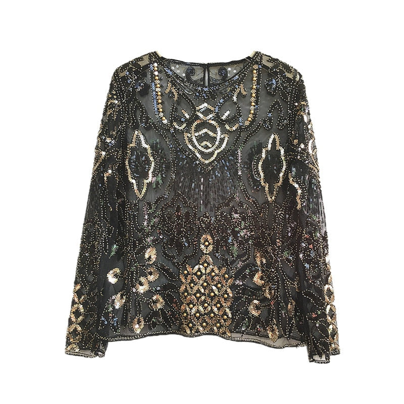 Women Sequined Blouse Tops See-through Sexy O-neck Mesh Blusas Shirt Long Sleeve Floral Beading Lady Blouses