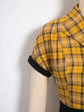 Yellow Plaid Rockabilly 50s Vintage A-Line Dresses Summer Women Turn Down Collar Belted Cotton Retro Dress