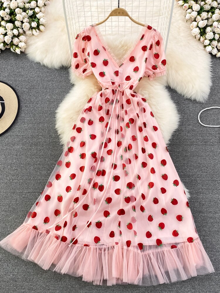 Summer Long Strawberry Glitter Tulle Dress V Neck Short Puff Sleeve Vacation Maxi Dress
