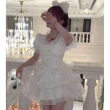 Lolita White Goth Aesthetic Puff Sleeve High Waist Vintage Bandage Lace Trim Party Gothic Summer Dress